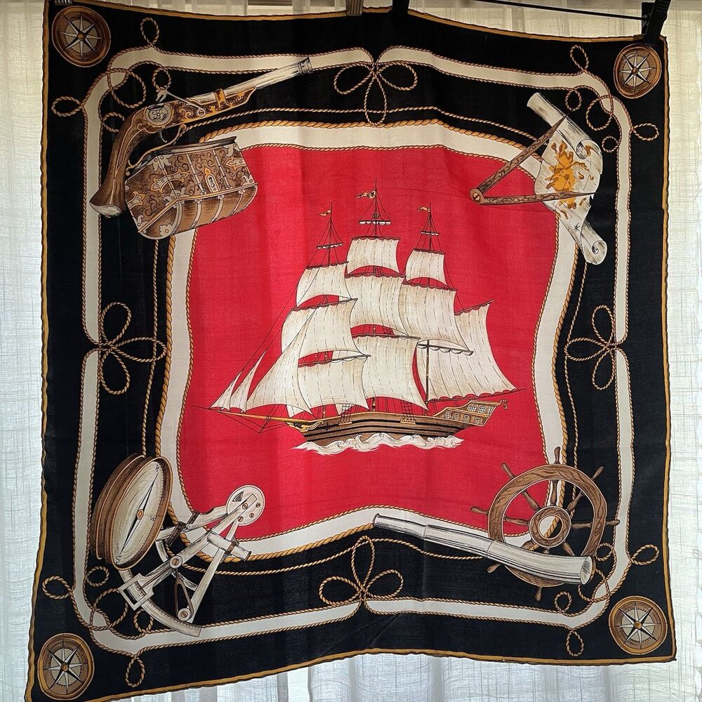 Vintage 1970’s Nautical Theme Square Collectors Scarf, Unsigned 100% Silk 26 X26
